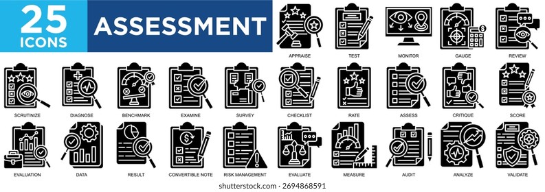  Bewertung, Geschäft, Checkliste, Bewertung, Dokument, Prüfsymbolsatz. Kollektion von Gliederungssymbolen. Einfache Vektorgrafik	