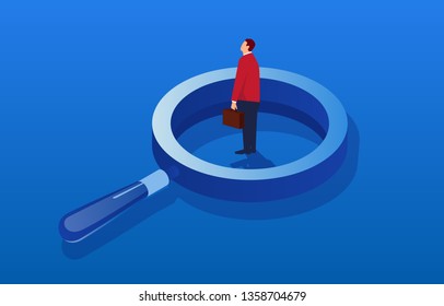 Assessment, businessman standing on the magnifying glass