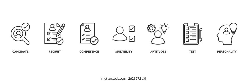 Ilustração vetorial do ícone da web do centro de avaliação para auditoria pessoal de recursos humanos com ícone do candidato do usuário, recrutamento, competência, adequação, aptidões, teste e personalidade