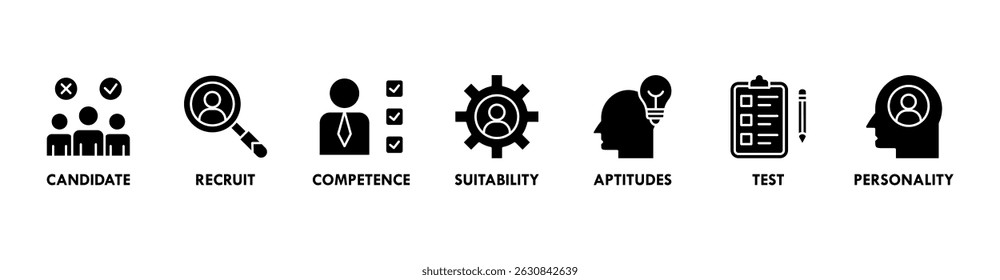 Ilustração vetorial do ícone da web do centro de avaliação para auditoria pessoal de recursos humanos com ícone do candidato do usuário, recrutamento, competência, adequação, aptidões, teste e personalidade