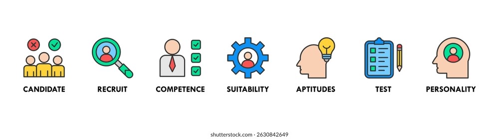 Ilustração vetorial do ícone da web do centro de avaliação para auditoria pessoal de recursos humanos com ícone do candidato do usuário, recrutamento, competência, adequação, aptidões, teste e personalidade