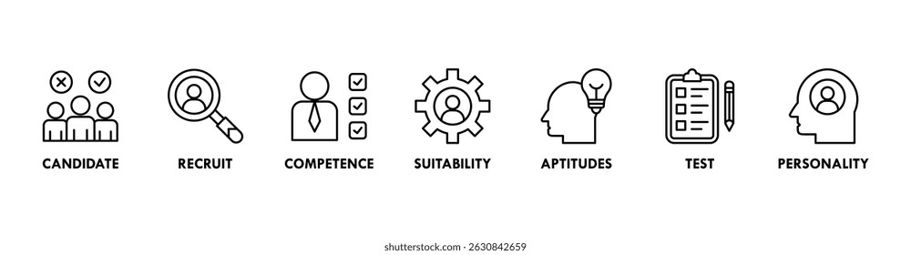 Ilustração vetorial do ícone da web do centro de avaliação para auditoria pessoal de recursos humanos com ícone do candidato do usuário, recrutamento, competência, adequação, aptidões, teste e personalidade