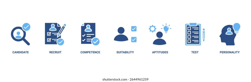 Ilustração vetorial do ícone da web do centro de avaliação para auditoria pessoal de recursos humanos com ícone do candidato do usuário, recrutamento, competência, adequação, aptidões, teste e personalidade