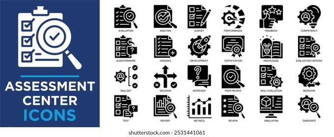 assessment center, employee, business, career, job, concept icon set. Outline icons collection. Simple vector illustration	