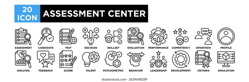 Assessment center  icon collection set. Assessment, Candidate, Test, Decision, Skillset