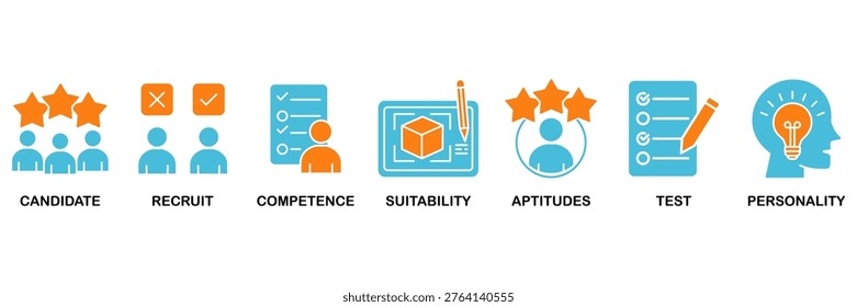 Assessment center icon set Aqua Orange Flat concept for for personal audit of human resources with icon of user candidate, recruit, competence, suitability, aptitudes, test and personality