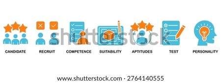 Assessment center icon set Aqua Orange Flat concept for for personal audit of human resources with icon of user candidate, recruit, competence, suitability, aptitudes, test and personality