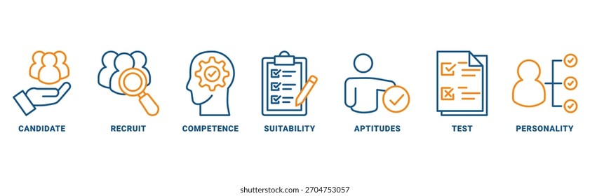 Concepto de Vector del conjunto de iconos del centro de evaluación con ícono de candidato, recluta, competencia, idoneidad, aptitudes, prueba y personalidad