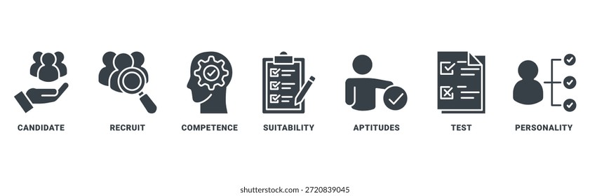 Concepto de Vector del conjunto de iconos del centro de evaluación con ícono de candidato, recluta, competencia, idoneidad, aptitudes, prueba y personalidad