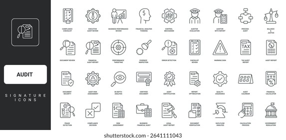 Assessment, check and data research of auditor thin black outline symbols vector illustration. Audit, inspection for compliance with business standards and regulations, policy line icon set.