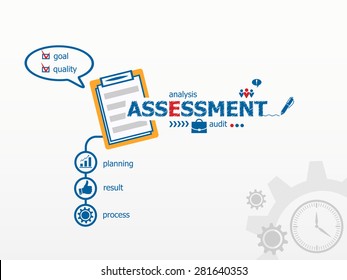 Assessment concept and notebook for efficiency, creativity, intelligence. Hand writing Assessment with blue marker