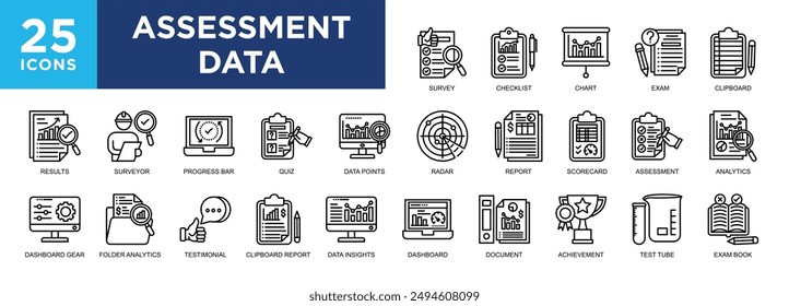 Bewertungsdaten, Unternehmen, Bewertung, Technologie, Daten, Verwaltungssymbolsatz. Symbole Kollektion. schlichte Vektorillustration