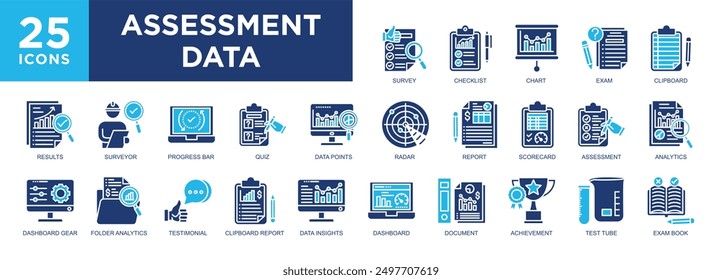 Datos de evaluación, negocio, evaluación, tecnología, datos, conjunto de iconos de administración. iconos colección. Ilustración vectorial simple