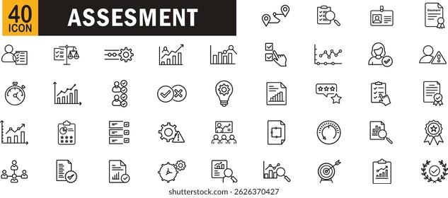 Conjunto de ícones de outline editável de avaliação. Avaliação, lista de verificação, análise de desempenho, pesquisa, métricas, controle de qualidade, resultados de exames, feedback e muito mais.