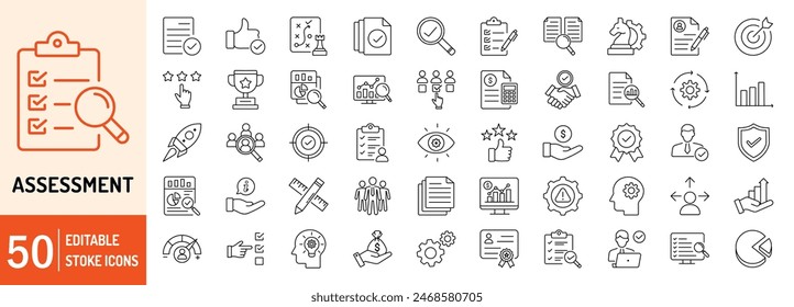 Assessment editable stroke outline web icons set. Audit, analysis, plan, evaluation, quality process, result and goal. Vector illustration