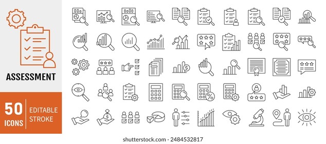 Assessment editable stroke outline web icons set. Audit, analysis, plan, evaluation, result and goal. Vector illustration