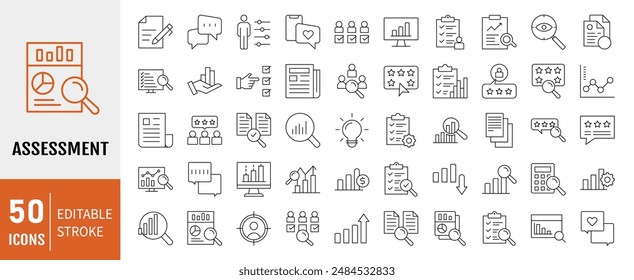 Websymbole für bearbeitbare Konturlinien der Bewertung festgelegt. Audit, Analyse, Paket, Evaluierung, Ergebnis und Zielsetzung. Vektorillustration