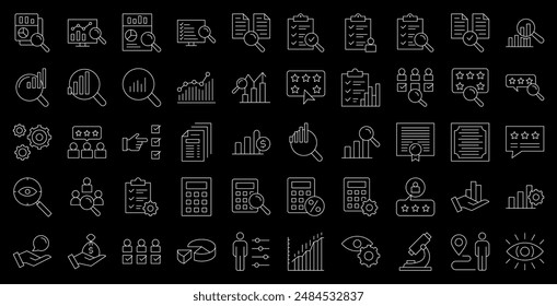 Assessment editable stroke outline web icons set. Audit, analysis, plan, evaluation, result and goal. Vector illustration