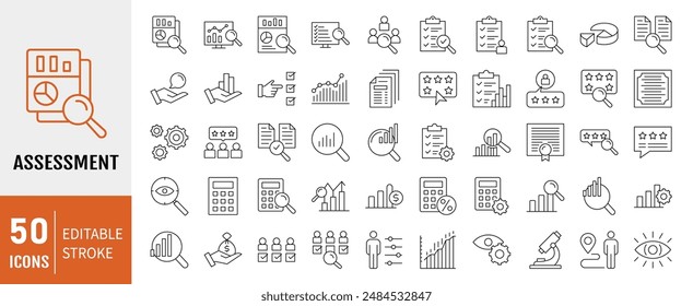 Websymbole für bearbeitbare Konturlinien der Bewertung festgelegt. Audit, Analyse, Paket, Evaluierung, Ergebnis und Zielsetzung. Vektorillustration