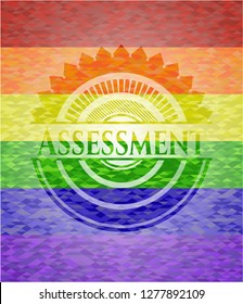 Assessment emblem on mosaic background with the colors of the LGBT flag
