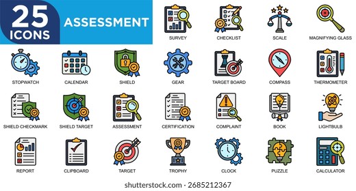 Bewertung, Bewertung, Geschäft, Management, Analyse, Performance-Symbolsatz. Kollektion von Gliederungssymbolen. Einfache Vektorgrafik