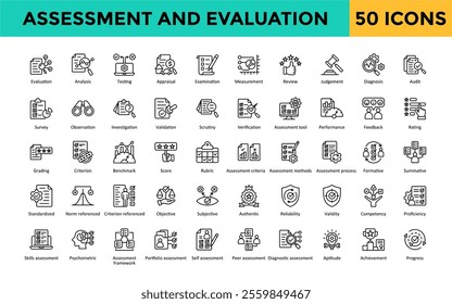 Assessment and Evaluation icon set with evaluation, analysis, testing, appraisal, examination, measurement, review, judgement, diagnosis, audit. Simple line vector 
