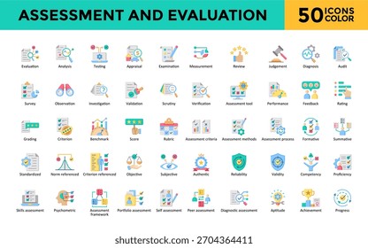 Ícone Avaliação e Avaliação definido com avaliação, análise, teste, avaliação, exame, medição, revisão, julgamento, diagnóstico, auditoria. Vetor de cores simples 
