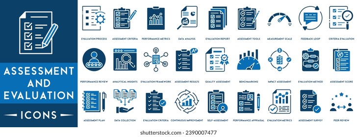 Assessment and evaluation line icons collection. Containing financial statement, audit, financial report, invoice.