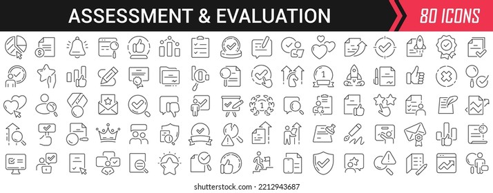 Iconos lineales de evaluación y evaluación en negro. Gran colección de iconos de la interfaz de usuario en un diseño plano. Paquete de signos de contorno delgado. Gran conjunto de iconos para el diseño