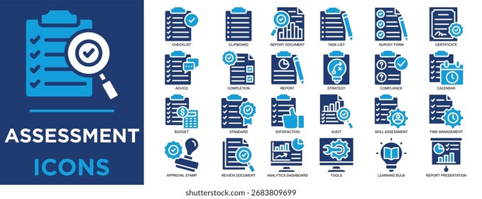 evaluación, evaluación, revisión, calidad, tecnología, conjunto de iconos de documentos. Colección de iconos de contorno. Ilustración vectorial simple	