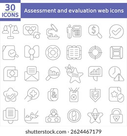 Assessment and evaluation web icons set in thin line design