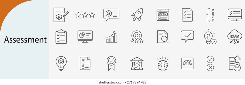 assessment and exam line icon set, flat vector business performance evaluation and test symbols