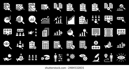 Assessment flat web icons set. Audit, analysis, plan, evaluation, result and goal. Vector illustration