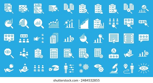 Conjunto de iconos web planos de evaluación. Auditoría, análisis, Plan, evaluación, resultado y objetivo. Ilustración vectorial