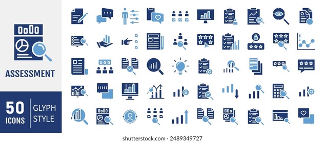 Conjunto de iconos de glifo de evaluación. Auditoría, análisis, Plan, evaluación, resultado y objetivo. Ilustración vectorial