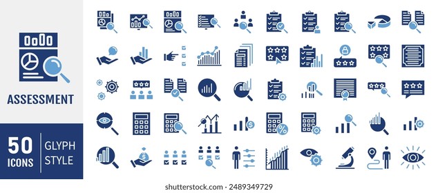 Assessment glyph icons set. Audit, analysis, plan, evaluation, result and goal. Vector illustration