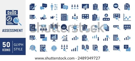 Assessment glyph icons set. Audit, analysis, plan, evaluation, result and goal. Vector illustration