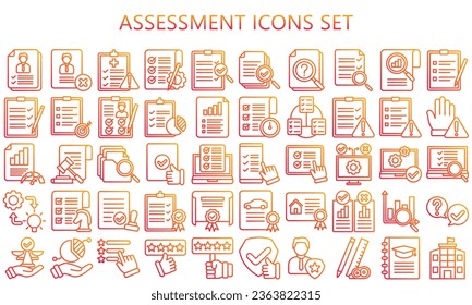 Paquete de iconos de esquema de degradado de evaluación. contiene pruebas, evaluaciones y comentarios. perfecto para propósitos educativos, evaluativos y analíticos, para desarrollo de aplicaciones y aplicaciones de interfaz de usuario o UX. EPS vectorial 10