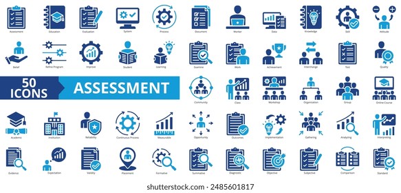 Conjunto de colecciones de iconos de evaluación. Contiene educación, evaluación, sistema, proceso, documento, trabajador, icono de datos. Sencillo Vector plano.