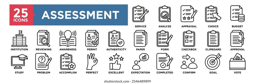 Assessment icon collection set. Containing design Service, Analyze, Appraisal, Choice, Budget
