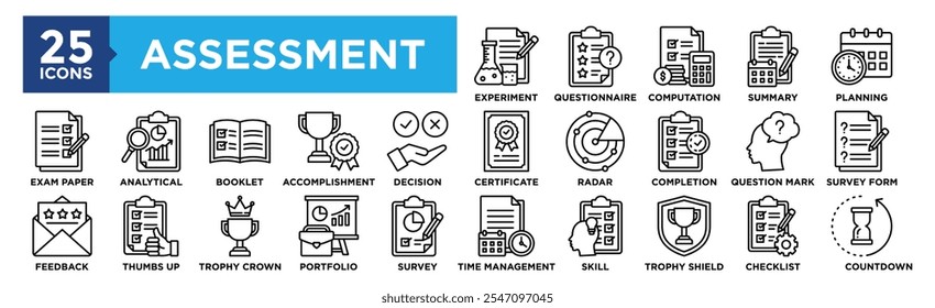 Conjunto de coleta de ícones de avaliação. Contendo o experimento de design, questionário, computação, resumo, planejamento