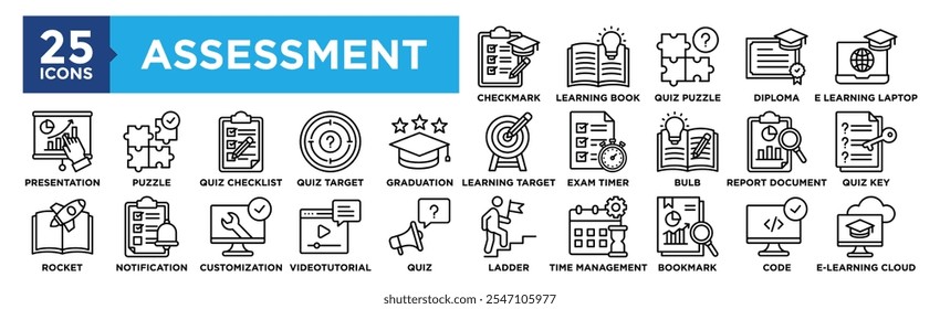 Assessment icon collection set. Containing design, Assessment Checkmark, Learning Book, Quiz Puzzle, Diploma, E Learning Laptop