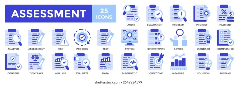 Conjunto de colecciones de íconos de evaluación. Contiene auditoría, evaluación, riesgo, problema, icono de proyecto. Simple Ilustración vectorial plana.