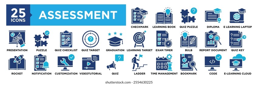 Assessment icon collection set. Containing design, Assessment Checkmark, Learning Book, Quiz Puzzle, Diploma, E Learning Laptop	