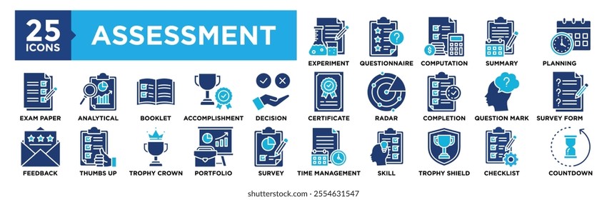 Assessment icon collection set. Containing design experiment, questionnaire, computation, Summary, Planning	