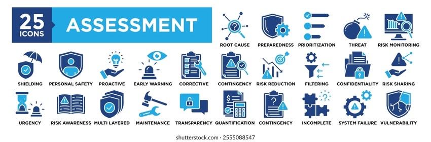 Assessment icon collection set. Containing design Root Cause, Preparedness, Prioritization, Potential Threat, Risk Monitoring