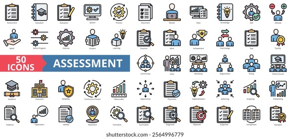 Assessment icon collection set. Containing education, evaluation, system, process, document, worker, data icon. Simple flat outline vector illustration