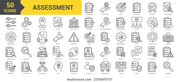 Assessment icon collection set. Containing guarantee, target, checklist, validity, conclusion, evaluation, objective, quality, standard, strategy, result, verification, audit icon. Simple line vector