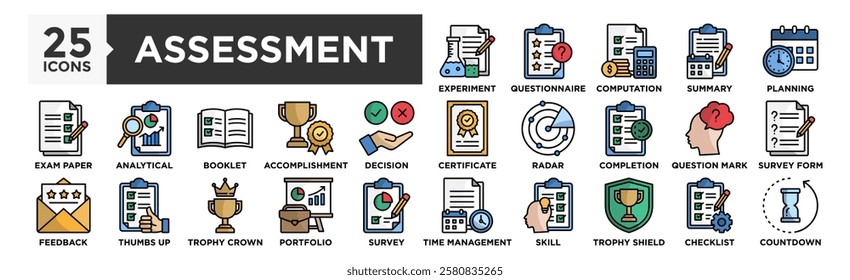 Assessment icon collection set. Containing design experiment, questionnaire, computation, Summary, Planning	