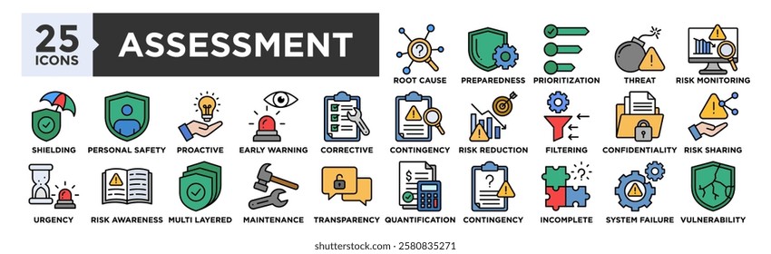 Assessment icon collection set. Containing design Root Cause, Preparedness, Prioritization, Potential Threat, Risk Monitoring